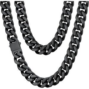 Men's 14mm Width Steel Cuban Durable 18K Gold Plated Hip Hop Chain Black Jewelry